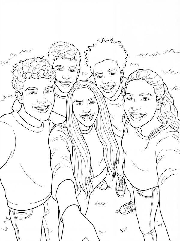 Personalized coloring page converted from group friend photo with accurate facial details